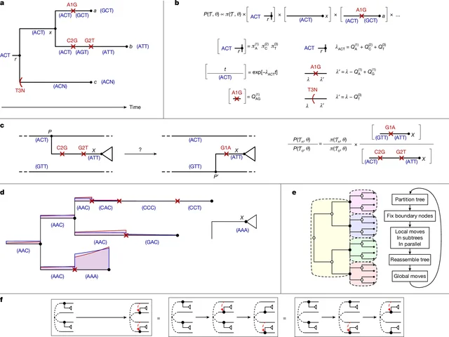 Delphy Figure 1의 a부터 f까지. 시간 나무의 변이 기록, 확률 인자, 가지 이동, 병렬 갱신의 연결을 표시한 원본 도식.