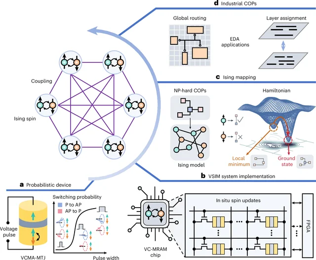 VC-MRAM Ising machine 논문 Figure 1. 확률적 자기소자, 칩과 FPGA 시스템, Ising mapping, global routing과 layer assignment 응용을 한 장에 연결한다.