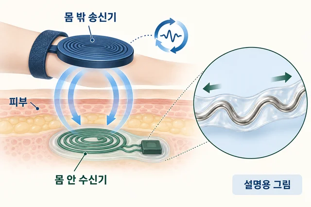 피부 밖 송신 코일과 피부 아래 연성 수신 코일, 액체금속 도체의 설명용 확대 그림